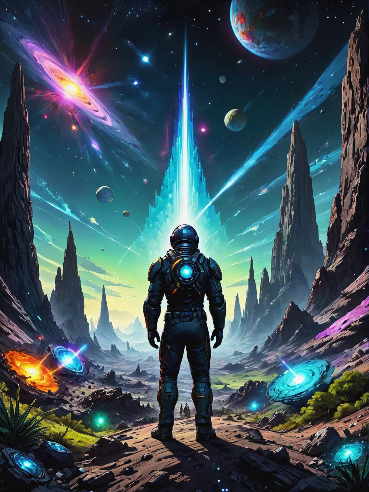Psionic illusionist creating holographic diversions in Inhabited asteroid colony facing cosmic anomalies, ultra-fine digital painting, <lora:xl_more_art-full_v1:0.3>, <lora:EldritchComicsXL:0.7>, <lora:PE_NeonUV Style:0.7> PENeonUV