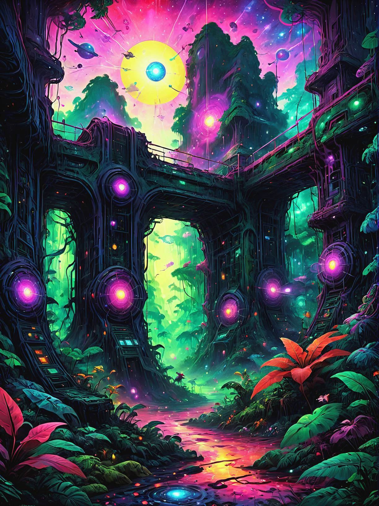 Quantum anomalies taking elusive and shifting forms in Interdimensional gateway in hidden jungle, ultra-fine digital painting, <lora:xl_more_art-full_v1:0.3>, <lora:EldritchComicsXL:0.7>, <lora:EnvyFeverDreamXL01a:0.7>