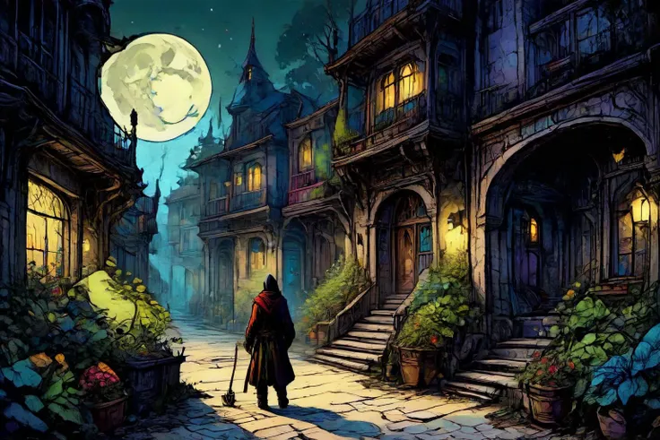 detailed black and color drawing of a Shadowy rogue lurking in moonlit alleys at a Quantum garden where reality bends, <lora:EldritchComicsXL1.0:1> <lora:Dreamyvibes artstyle SDXL - Trigger with dreamyvibes artstyle:0.7> Dreamyvibes Artstyle <lora:ParchartXL-1.5:0.7> on parchment, ink illustration