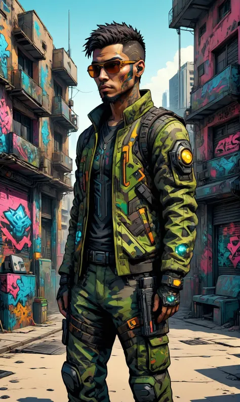 a Cyberpunk nomad with adaptive camouflage at a Augmented reality street art covering buildings, ultra-fine digital painting, <lora:xl_more_art-full_v1:0.3>, <lora:EldritchComicsXL:0.7>, <lora:Graffiti_SDXL:0.5> ais-graffiti