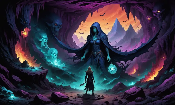 Beautiful detailed digital illustration of a Banshee harbinger of otherworldly wails at a Hidden mountain cave with ancient artifacts <lora:EldritchComicsXL:0.7>, <lora:EnvyFeverDreamXL01a:0.7>