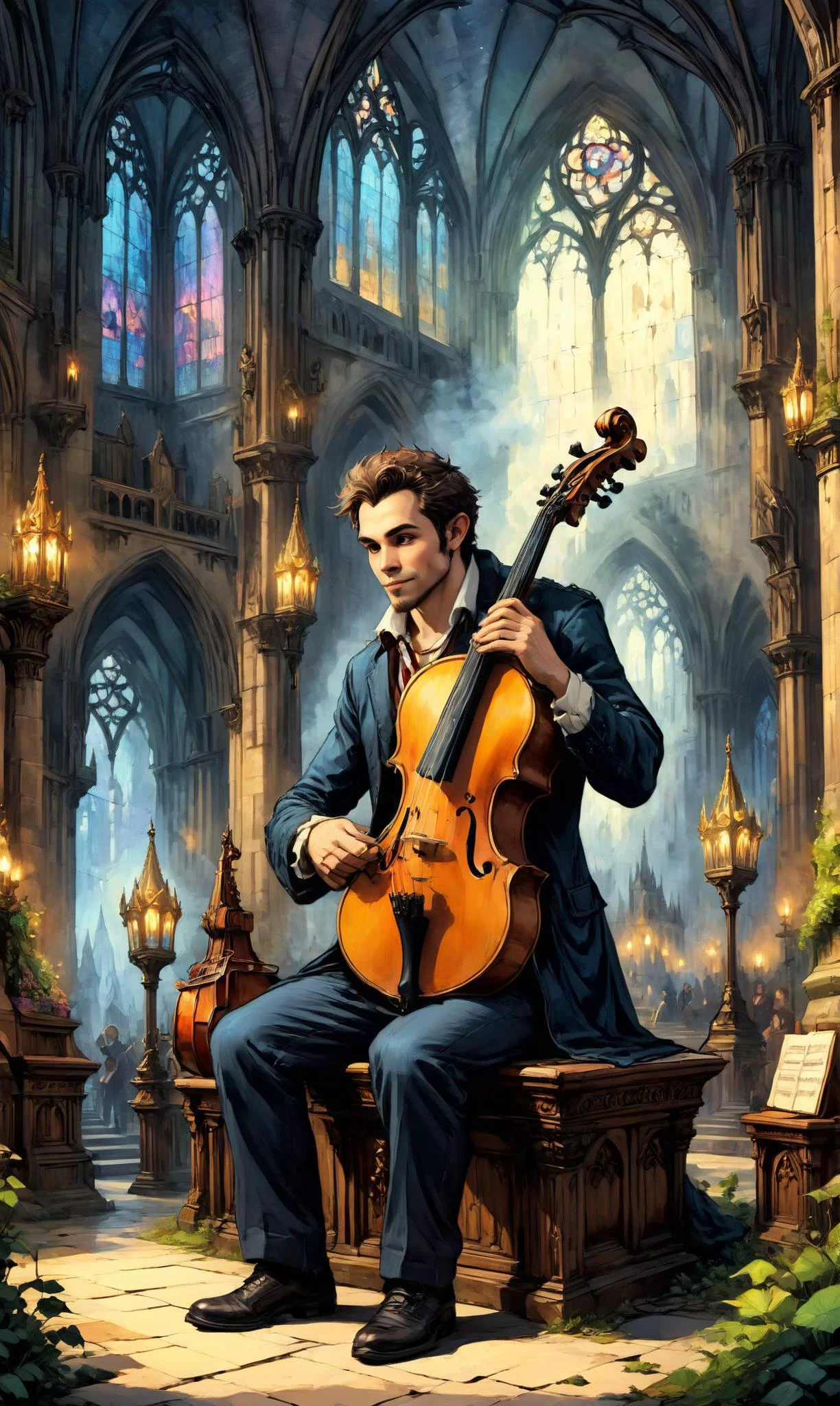 a Satyr musician playing enchanting, mystical melodies at a Gothic cathedral with towering spires, ultra-fine digital painting, <lora:xl_more_art-full_v1:0.3>, <lora:EldritchComicsXL:0.7>, <lora:Dreamyvibes artstyle SDXL - Trigger with dreamyvibes artstyle:0.7> Dreamyvibes Artstyle <lora:gildedvictoriansxl_v1:0.4> victorianstyle