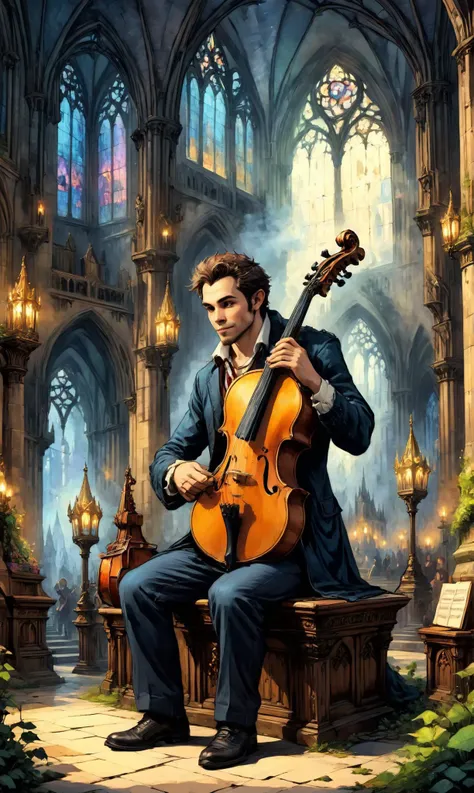 a Satyr musician playing enchanting, mystical melodies at a Gothic cathedral with towering spires, ultra-fine digital painting, <lora:xl_more_art-full_v1:0.3>, <lora:EldritchComicsXL:0.7>, <lora:Dreamyvibes artstyle SDXL - Trigger with dreamyvibes artstyle:0.7> Dreamyvibes Artstyle <lora:gildedvictoriansxl_v1:0.4> victorianstyle