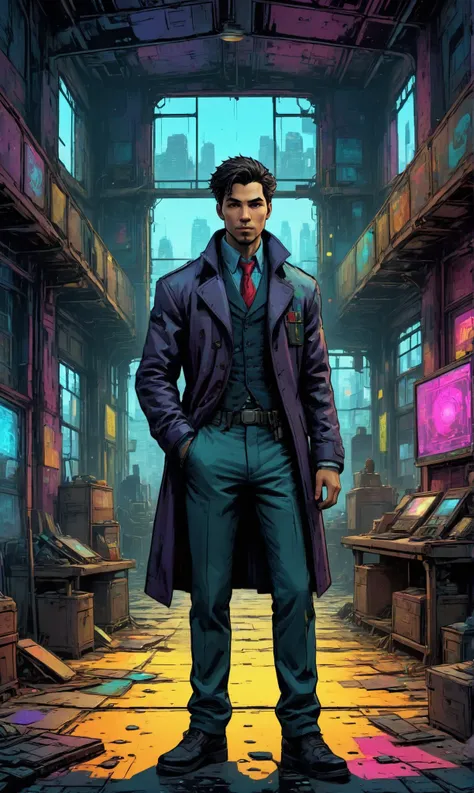 a Augmented detective with cyber-enhanced forensics at a Abandoned cyberpunk warehouse with hidden secrets, ultra-fine digital painting, <lora:xl_more_art-full_v1:0.3>, <lora:EldritchComicsXL:0.7>, <lora:gorgoeus_splash_of_vibrant_paint:0.7> Gorgeous splash of vibrant paint <lora:gildedvictoriansxl_v1:0.4> victorianstyle