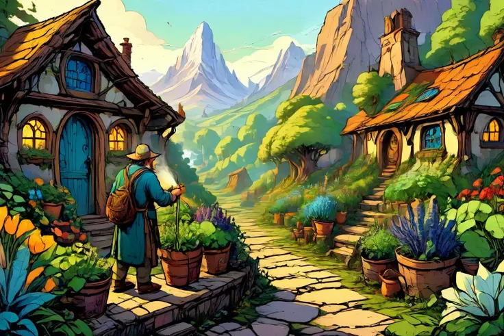 detailed digital illustration of a Dreamyvibes Artstyle Hobbit gardener cultivating magical herbs at a Virtual reality world governed by AI, <lora:EldritchComicsXL1.0:1> <lora:Dreamyvibes artstyle SDXL - Trigger with dreamyvibes artstyle:0.7>, <lora:IPXL_v8:0.7> inkpunk style