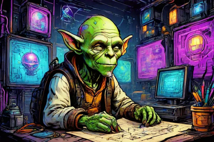 detailed black and color drawing of a Goblin engineer inventing curious contraptions at a Cyberspace realm of neon grids, <lora:EldritchComicsXL1.0:1> <lora:Dreamyvibes artstyle SDXL - Trigger with dreamyvibes artstyle:0.7> Dreamyvibes Artstyle <lora:ParchartXL-1.5:0.7> on parchment, ink illustration