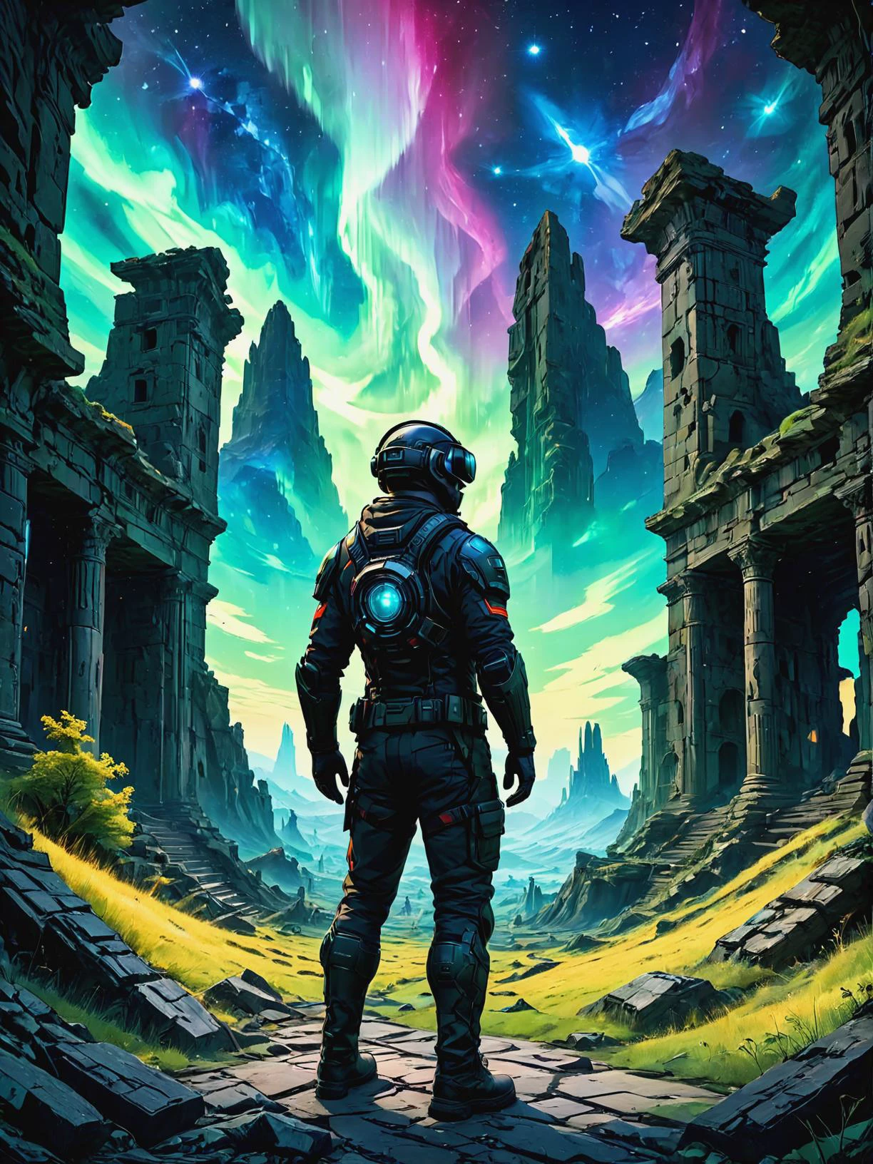 Virtual reality gamer with unmatched skills in Ancient ruins beneath cosmic auroras, ultra-fine digital painting, <lora:xl_more_art-full_v1:0.3>, <lora:EldritchComicsXL:0.7>, <lora:PE_NeonUV Style:0.7> PENeonUV