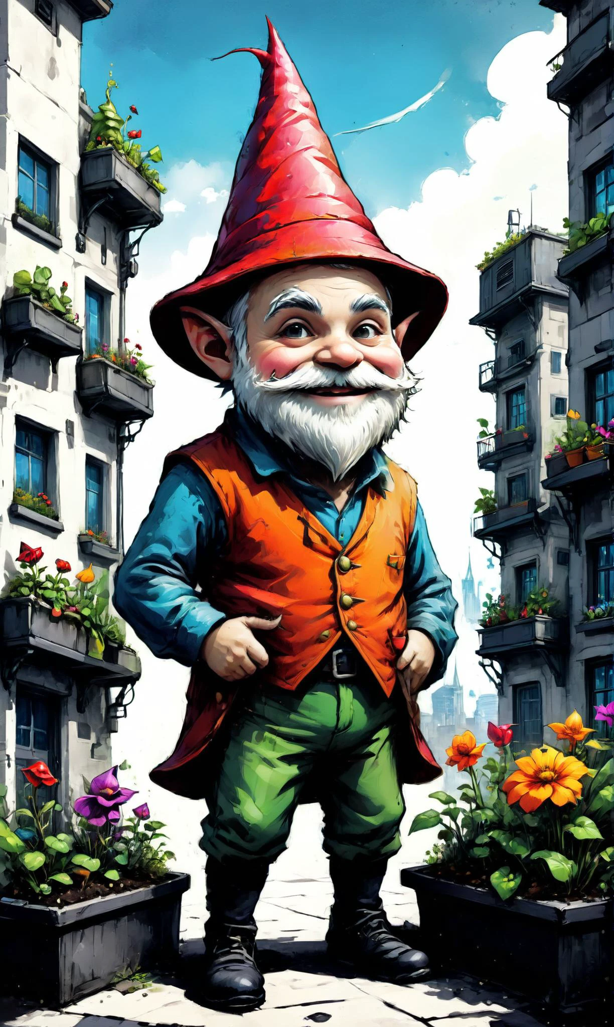 a Arcane trickster gnome with mischievous grin at a Vertical solar gardens on apartment buildings, ultra-fine digital painting, <lora:xl_more_art-full_v1:0.3>, <lora:EldritchComicsXL:0.7>, <lora:SDXLPaintSplash:0.7> colorsplash <lora:gildedvictoriansxl_v1:0.4> victorianstyle