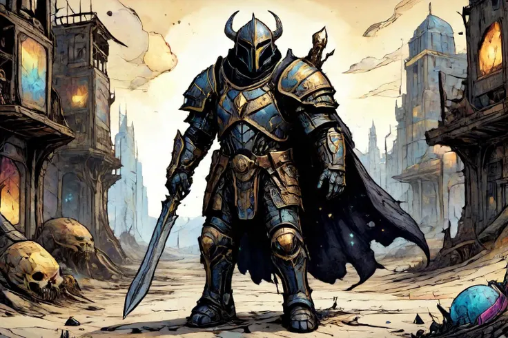 detailed black and color drawing of a Paladin clad in gleaming celestial armor at a Post-apocalyptic wasteland with mutated creatures, <lora:EldritchComicsXL1.0:1> <lora:Dreamyvibes artstyle SDXL - Trigger with dreamyvibes artstyle:0.7> Dreamyvibes Artstyle <lora:ParchartXL-1.5:0.7> on parchment, ink illustration