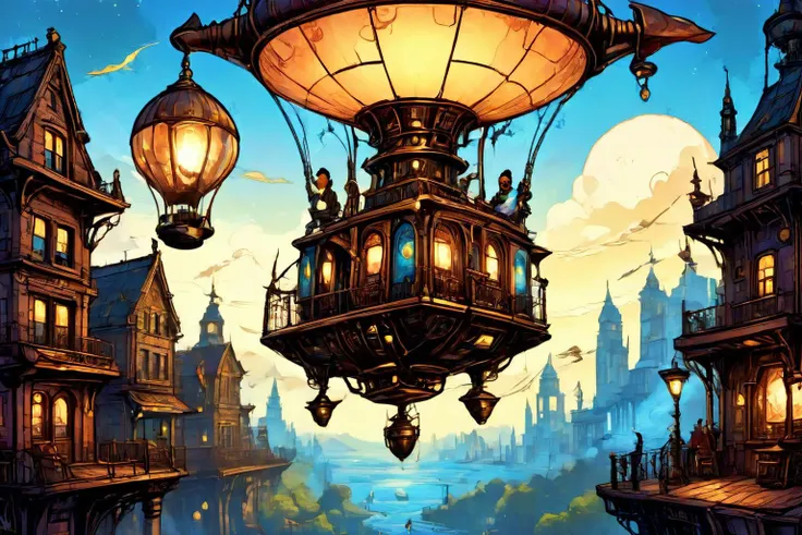 detailed digital illustration of a Dreamyvibes Artstyle Djinn emerging from mystical lamp at a Steampunk metropolis with airships soaring, <lora:EldritchComicsXL1.0:1> <lora:Dreamyvibes artstyle SDXL - Trigger with dreamyvibes artstyle:0.7> Dreamyvibes Artstyle