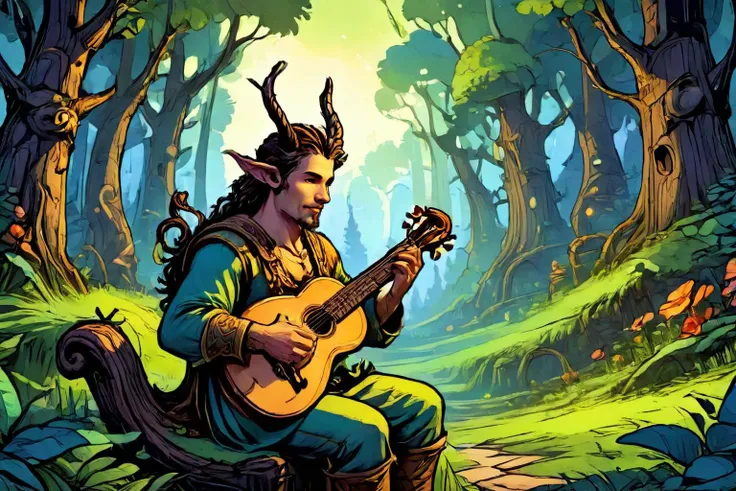 detailed digital illustration of a Dreamyvibes Artstyle Satyr bard playing enchanted lyre at a Bioluminescent forest in perpetual twilight, <lora:EldritchComicsXL1.0:1> <lora:Dreamyvibes artstyle SDXL - Trigger with dreamyvibes artstyle:0.7> Dreamyvibes Artstyle