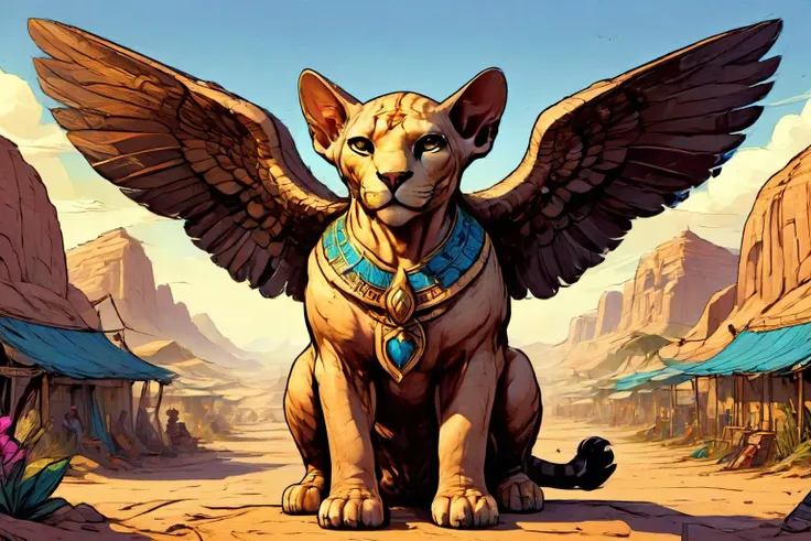 detailed digital illustration of a Dreamyvibes Artstyle Sphinx guardian with stern, watchful eyes at a Psychic refugees escaping oppressive regime, <lora:EldritchComicsXL1.0:1> <lora:Dreamyvibes artstyle SDXL - Trigger with dreamyvibes artstyle:0.7> ,