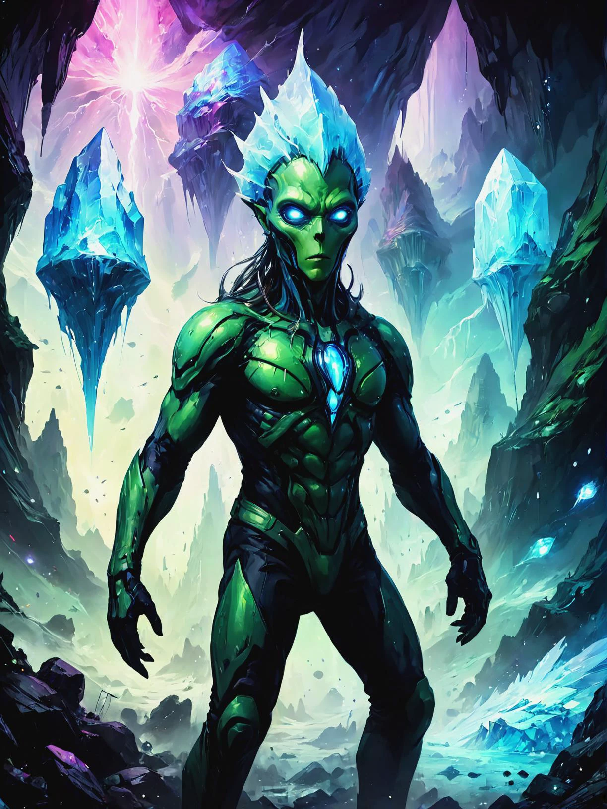 Electromagnetic storms taking sentient form in Crystal caves in alien underworld, ultra-fine digital painting, <lora:xl_more_art-full_v1:0.3>, <lora:EldritchComicsXL:0.7>, <lora:bl4ckl1ghtxl:0.7> bl4ckl1ghtxl