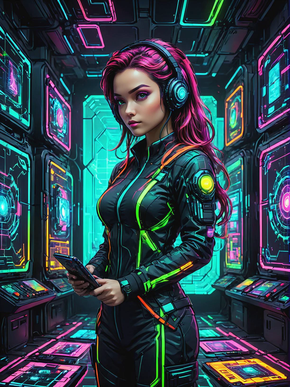 Augmented reality strategist planning tactical maneuvers in Cyberspace realm of neon grids, ultra-fine digital painting, <lora:xl_more_art-full_v1:0.3>, <lora:EldritchComicsXL:0.7>, <lora:PE_NeonUV Style:0.7> PENeonUV