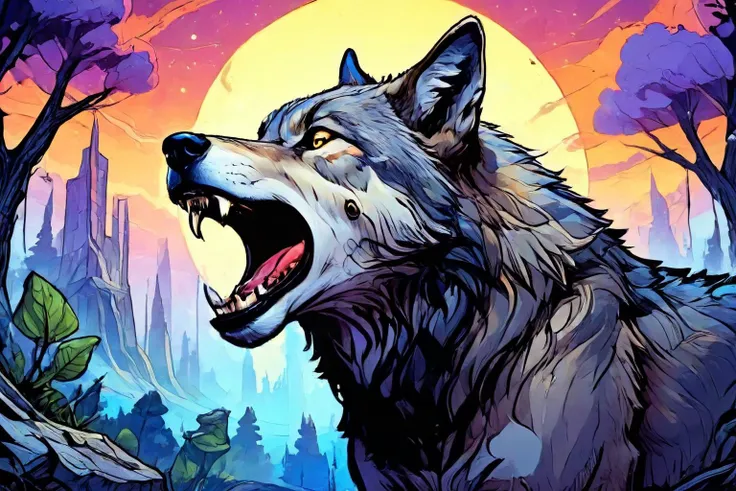 detailed digital illustration of a Dreamyvibes Artstyle Lycanthrope in wolf form howling at a Psychic network connecting global consciousness, <lora:EldritchComicsXL1.0:1> <lora:Dreamyvibes artstyle SDXL - Trigger with dreamyvibes artstyle:0.7> ,