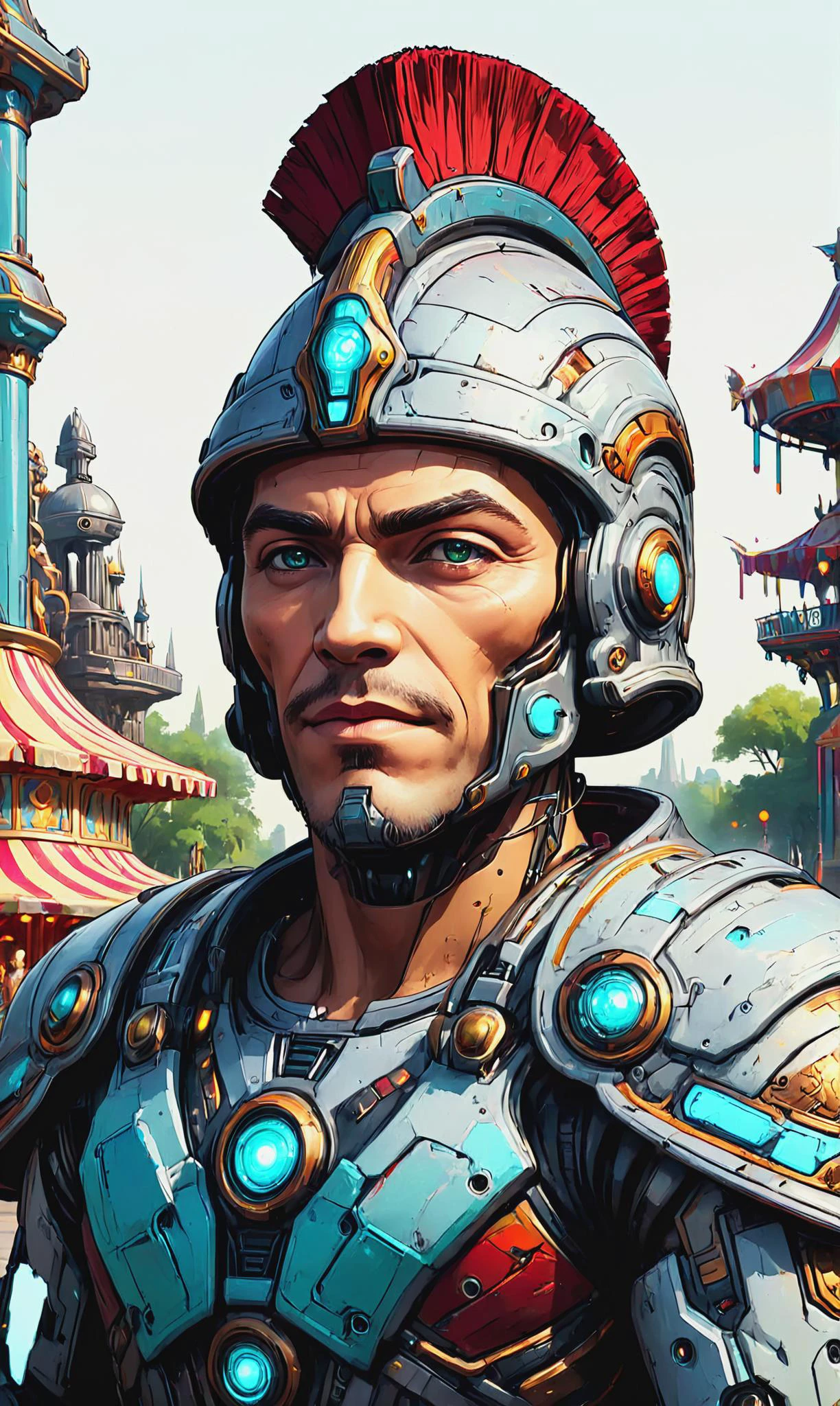 Detailed digital portrait of a <lora:RomanPunkAI:0.7> romanpunkai, old, scifi cyborg at a AI-run amusement park simulating historical eras, <lora:xl_more_art-full_v1:0.4>, <lora:gorgoeus_splash_of_vibrant_paint:0.7> Gorgeous splash of vibrant paint, Ambient occlusion, <lora:EldritchComicsXL:0.7>