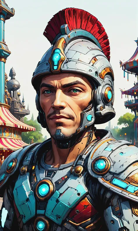 Detailed digital portrait of a <lora:RomanPunkAI:0.7> romanpunkai, old, scifi cyborg at a AI-run amusement park simulating historical eras, <lora:xl_more_art-full_v1:0.4>, <lora:gorgoeus_splash_of_vibrant_paint:0.7> Gorgeous splash of vibrant paint, Ambient occlusion, <lora:EldritchComicsXL:0.7>