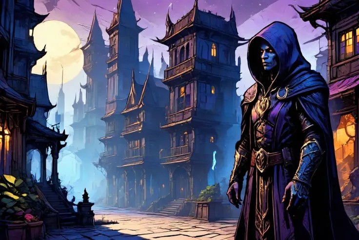 detailed digital illustration of a Dreamyvibes Artstyle Dark elf assassin cloaked in shadows at a Quantum city where time flows nonlinearly, <lora:EldritchComicsXL1.0:1> <lora:Dreamyvibes artstyle SDXL - Trigger with dreamyvibes artstyle:0.7> Dreamyvibes Artstyle