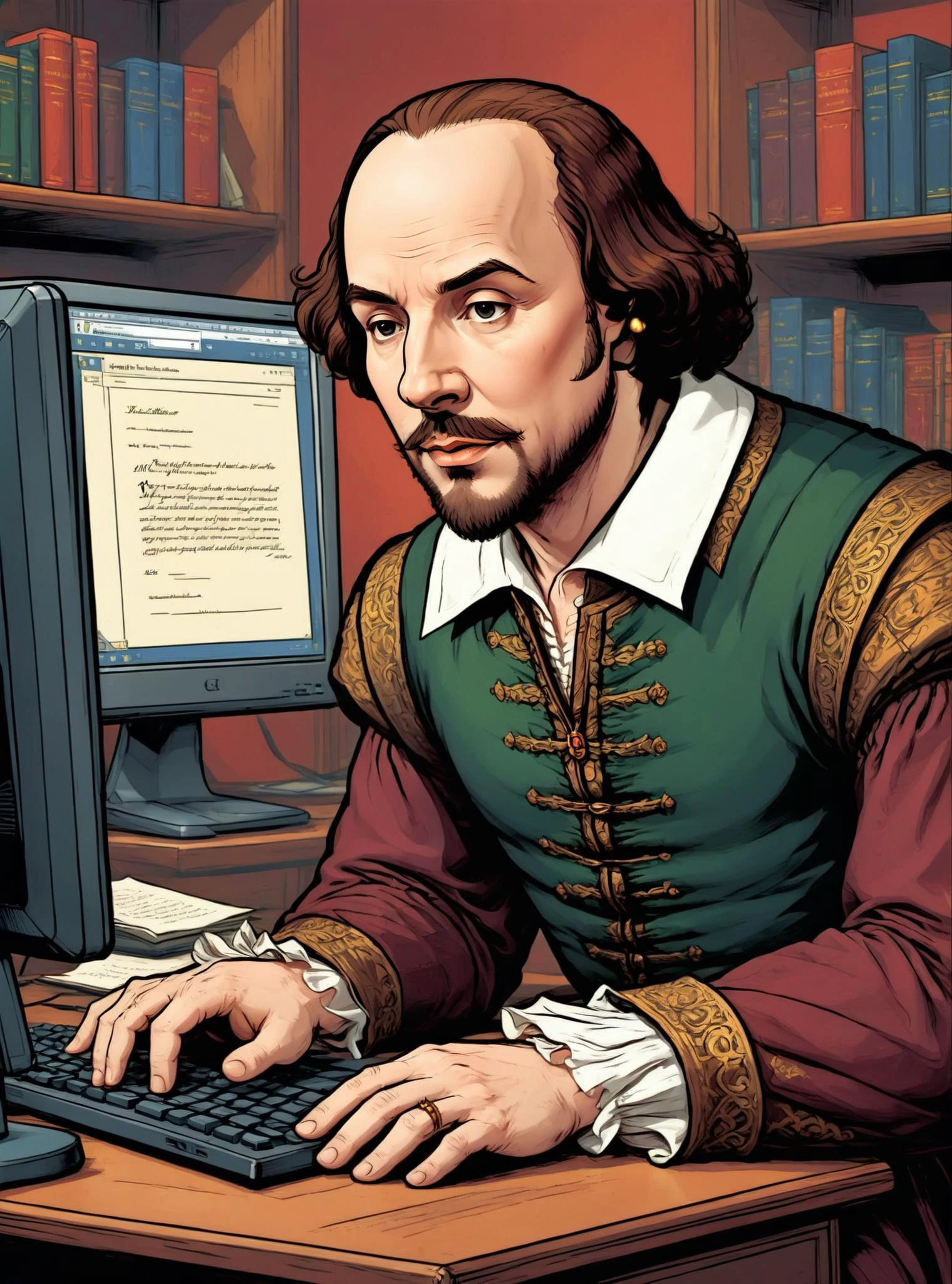 comic book illustration of William Shakespeare looking away from camera typing in front of a computer, looking at computer screen, <lora:EldritchComicsXL1.1:0.8>