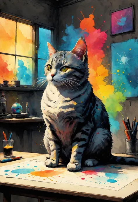 King poetical dingbat, hip cat science, Theoretical ink splat, scope that, <lora:great_lighting:0.4> great lighting, Backlighting, <lora:EldritchComicsXL:0.7>, <lora:SDXLPaintSplash:0.7> colorsplash