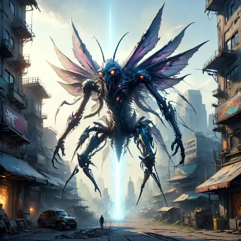tempestmagic towering insectoid monstrosity, Biomechanical structures towering like metallic giants,,, dense light rays, ais-graffiti, sharp focus, glowing, scifi kanji, artstation, intricate, artgerm, rutkowski, wlop<lora:Tempest_Magic_-_XL_Grimoire:0.8> <lora:EldritchComicsXL:0.7> <lora:MJ52:0.4> <lora:Graffiti_SDXL:0.5>