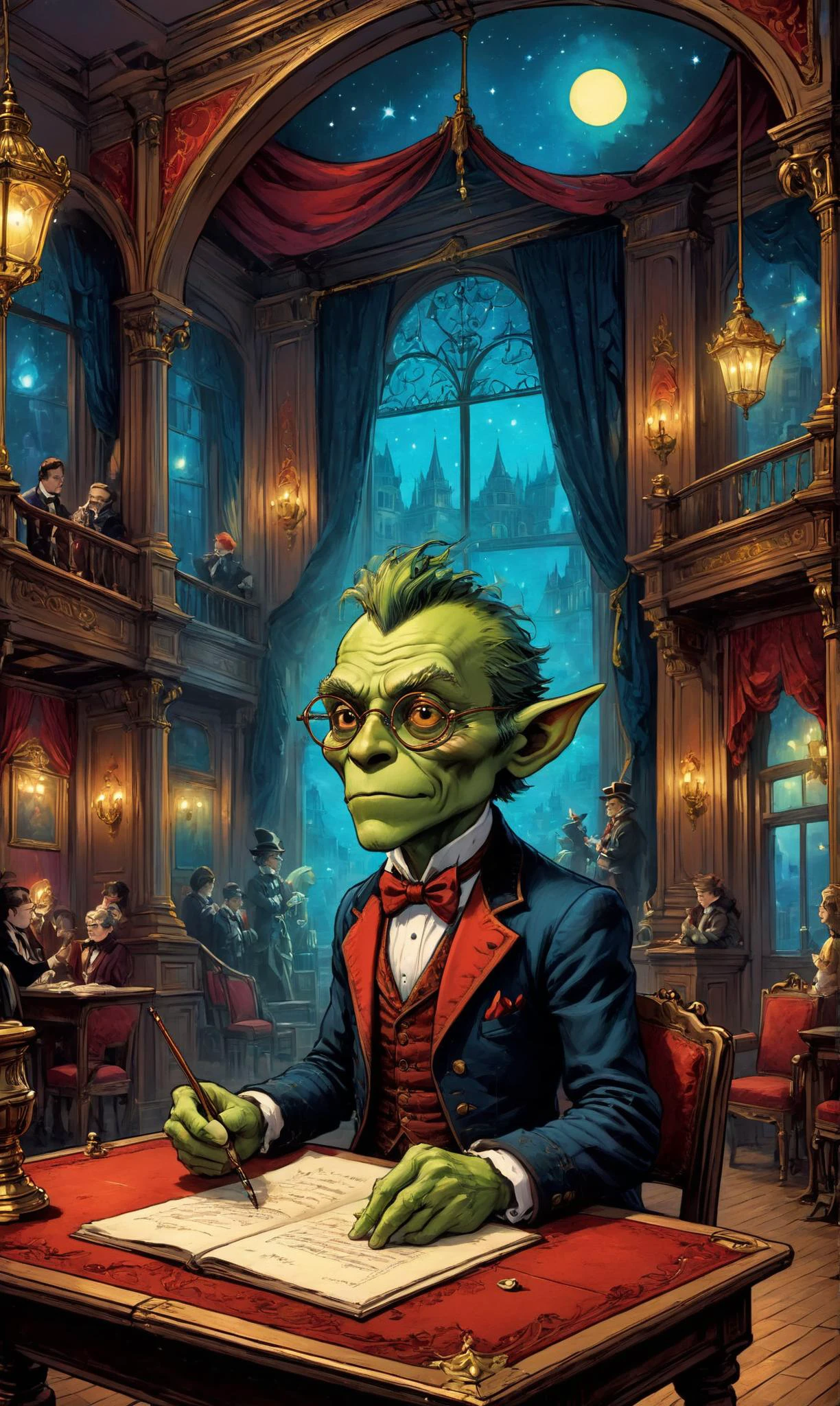 a Goblin illusionist creating fantastical spectacles at a Victorian theater hosting mystical, enchanting performances, ultra-fine digital painting, <lora:xl_more_art-full_v1:0.3>, <lora:EldritchComicsXL:0.7>, <lora:Dreamyvibes artstyle SDXL - Trigger with dreamyvibes artstyle:0.7> Dreamyvibes Artstyle <lora:gildedvictoriansxl_v1:0.4> victorianstyle