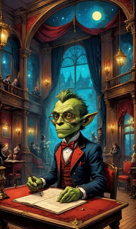 a Goblin illusionist creating fantastical spectacles at a Victorian theater hosting mystical, enchanting performances, ultra-fine digital painting, <lora:xl_more_art-full_v1:0.3>,   <lora:EldritchComicsXL:0.7>, <lora:Dreamyvibes artstyle SDXL - Trigger with dreamyvibes artstyle:0.7> Dreamyvibes Artstyle <lora:gildedvictoriansxl_v1:0.4> victorianstyle