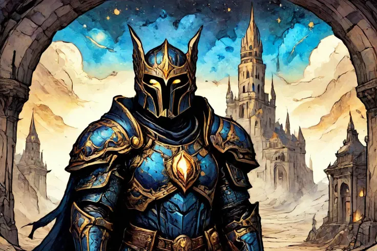 detailed black and color drawing of a Paladin clad in gleaming celestial armor at a Underground society evading cosmic cataclysm, <lora:EldritchComicsXL1.0:1> <lora:Dreamyvibes artstyle SDXL - Trigger with dreamyvibes artstyle:0.7> Dreamyvibes Artstyle <lora:ParchartXL-1.5:0.7> on parchment, ink illustration