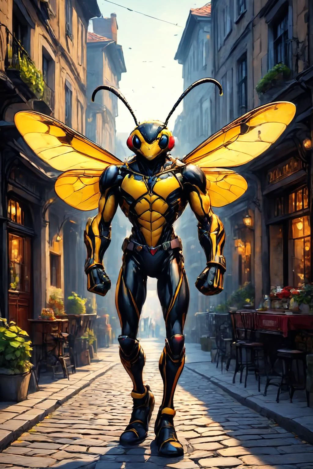 RAW photo of a skinny anthro Wasp at Gaslit cobblestone streets with wrought iron, super detail, ultra-realism, <lora:xl_more_art-full_v1:0.3>, <lora:EldritchComicsXL:0.7>, <lora:anthro_muscular:1>, <lora:Dreamyvibes artstyle SDXL - Trigger with dreamyvibes artstyle:0.7> Dreamyvibes Artstyle