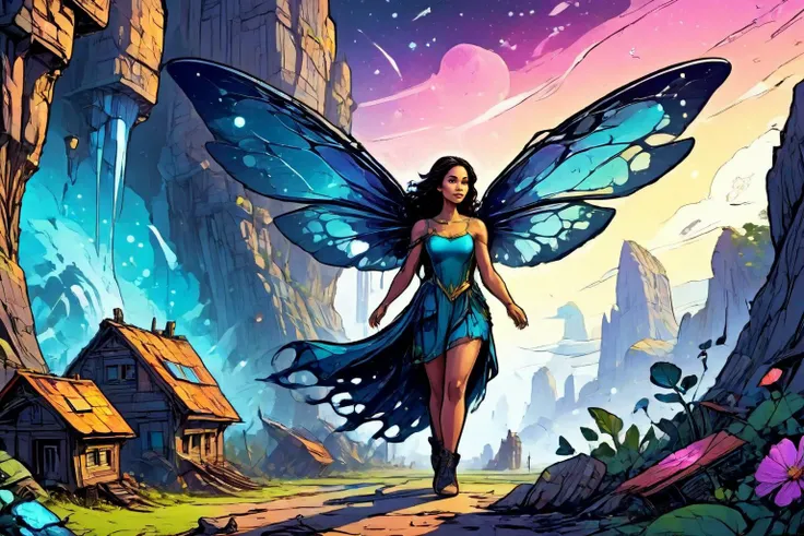 detailed digital illustration of a Dreamyvibes Artstyle Fairy with gossamer wings fluttering at a Asteroid mining colony facing cosmic threats, <lora:EldritchComicsXL1.0:1> <lora:Dreamyvibes artstyle SDXL - Trigger with dreamyvibes artstyle:0.7> Dreamyvibes Artstyle