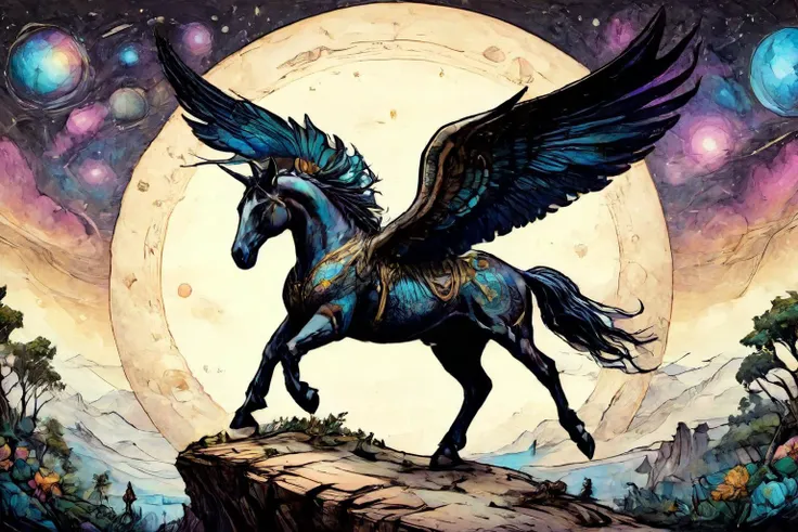 detailed black and color drawing of a Pegasus with elegant wingspan soaring at a Exoplanet ecosystem driven by bioluminescence, <lora:EldritchComicsXL1.0:1> <lora:Dreamyvibes artstyle SDXL - Trigger with dreamyvibes artstyle:0.7> Dreamyvibes Artstyle <lora:ParchartXL-1.5:0.7> on parchment, ink illustration