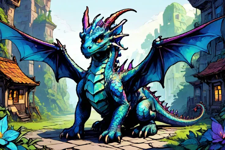 detailed digital illustration of a Dreamyvibes Artstyle Faerie dragon with iridescent scales at a Mind-controlled dystopia enforcing conformity, <lora:EldritchComicsXL1.0:1> <lora:Dreamyvibes artstyle SDXL - Trigger with dreamyvibes artstyle:0.7> Dreamyvibes Artstyle