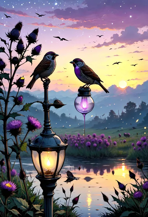 Lit the lamp bulb before the sunrise, Before sparrow cry from thistle, The kettle boil before it whistle, The sky bleed purple, The night fight before it die, <lora:xl_more_art-full_v1:0.4>, <lora:MJ52:0.4>, refraction, <lora:EldritchComicsXL:0.7>, <lora:EnvyFeverDreamXL01a:0.7>