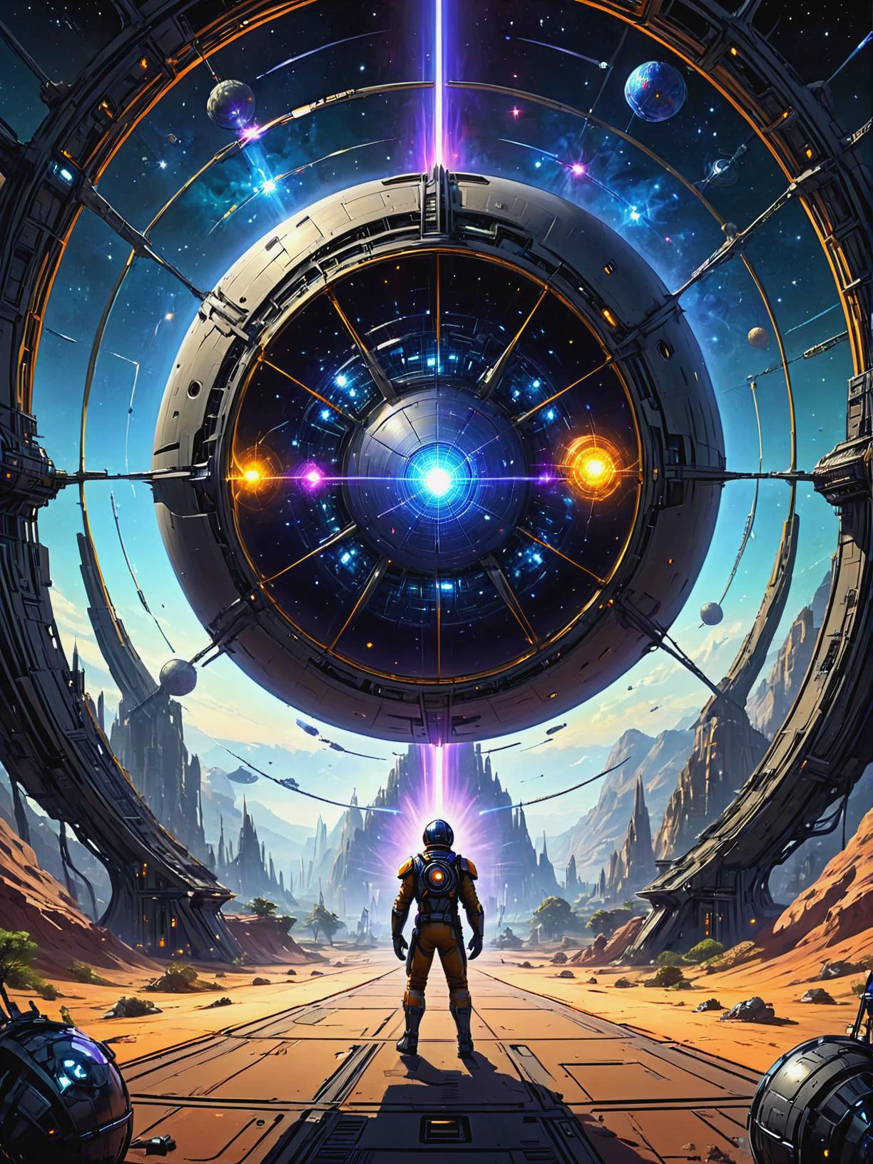 Teleportation specialist conducting covert missions in Dyson sphere harnessing star's energy, ultra-fine digital painting, <lora:xl_more_art-full_v1:0.3>, <lora:EldritchComicsXL:0.7>, <lora:PE_NeonUV Style:0.7> PENeonUV