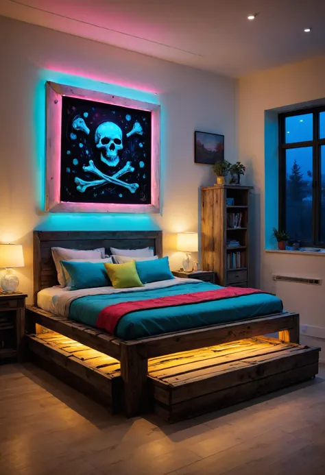 She dragged the bones home and built a bed, <lora:EldritchComicsXL:0.7>, <lora:RMSDXL_Creative:0.8>, LED Lighting, <lora:SDXLPaintSplash:0.7> colorsplash