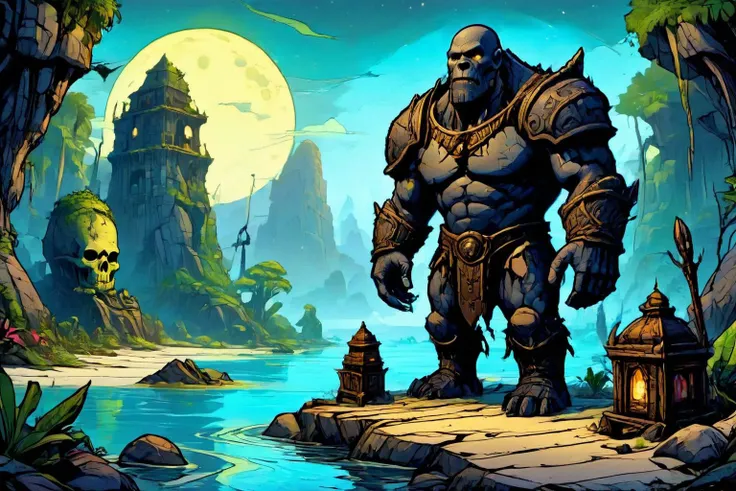 detailed black and color drawing of a Golem guardian protecting mystical artifacts in at a Bioluminescent lagoon in moonlit valley, <lora:EldritchComicsXL1.0:1> <lora:Dreamyvibes artstyle SDXL - Trigger with dreamyvibes artstyle:0.7> Dreamyvibes Artstyle
