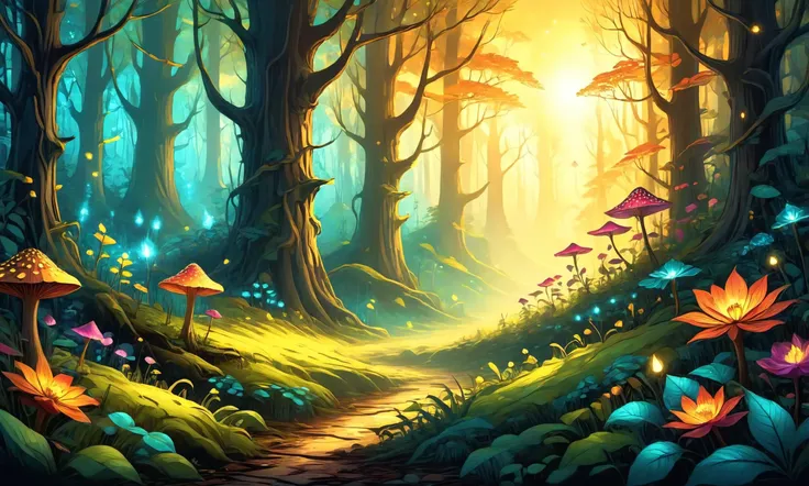 Beautiful detailed digital illustration of a Enchanted forest with glowing flora <lora:EldritchComicsXL:0.7>, <lora:fracolor:0.7> fracolor , Golden hour