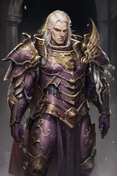 masterpiece, best quality, portrait ,fulgrim , smug, <lora:Fulgrim-19:0.8>, purple and gold armor, pretty face, male,
