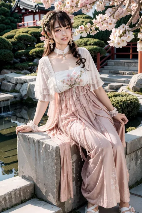 (realistic:1.3), finely detailed, quality, rembrandt lighting, (masterpiece:1.2), (photorealistic:1.2), (best quality), (detailed skin:1.3), (intricate details), dramatic, ray tracing, 1girl, japanese girl, 21 years old, detailed skin texture, (blush:0.5), (goosebumps:0.5), subsurface scattering, smiling, medium breasts, very long hair curls, bangs, hair between eyes, hair flower, Han2, pink dress, long dress, ribbons, bows, frills, full body, (sitting, bright sunny day, japanese garden, bushes, flowers, sky), <lora:Han_20230808161308:0.7>