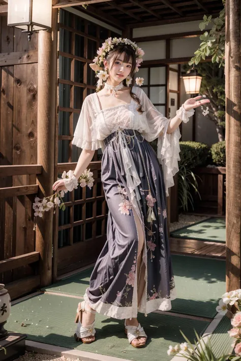 (realistic:1.3), finely detailed, quality, rembrandt lighting, (masterpiece:1.2), (photorealistic:1.2), (best quality), (detailed skin:1.3), (intricate details), dramatic, ray tracing, 1girl, japanese girl, 21 years old, detailed skin texture, (blush:0.5), (goosebumps:0.5), subsurface scattering, smiling, medium breasts, very long hair curls, bangs, hair between eyes, hair flower, Han2, (blue:1.1) dress, long dress, ribbons, bows, frills, full body, (dynamic pose, bright sunny day, japanese garden, bushes, flowers, sky), <lora:Han_20230808161308:0.7>