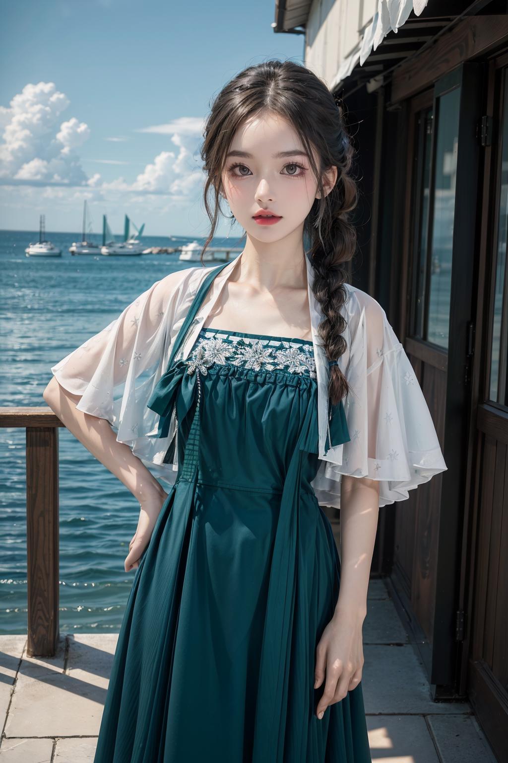 A woman in a green dress standing on a pier next to the water - SeaArt AI