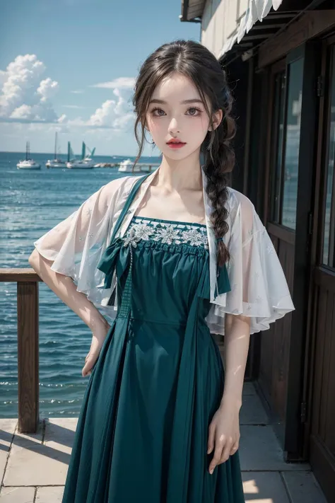 A woman in a green dress standing on a pier next to the water - SeaArt AI