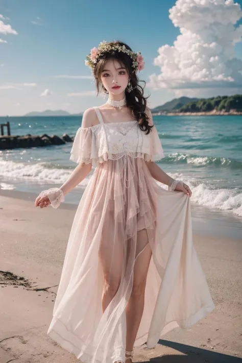 (best quality),[masterpiece],((beautiful:0.75) cute girl:0.75),(EOS R8,50mm,F1.2,8K,RAW photo:1.2),Professional,ultra-fine painting,1girl,long hair,outdoors,(front:1.3),cloud,sky,seaside background,standing,
<lora:add_detail:0.6>, 
 <lora:Han2:0.75> pink dress,flower,