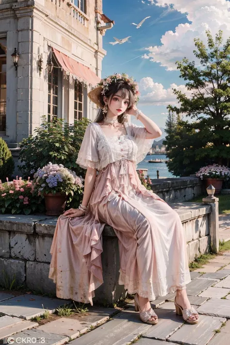 (best quality),[masterpiece],((beautiful:0.75) cute girl:0.75),(EOS R8,50mm,F1.2,8K,RAW photo:1.2),Professional,ultra-fine painting,1girl,long hair,outdoors,(front:1.3),cloud,sky,seaside background,(sitting:1.3),hands on hips, 
<lora:add_detail:0.6>, 
 <lora:Han2:0.75> Han2,pink dress,flower,