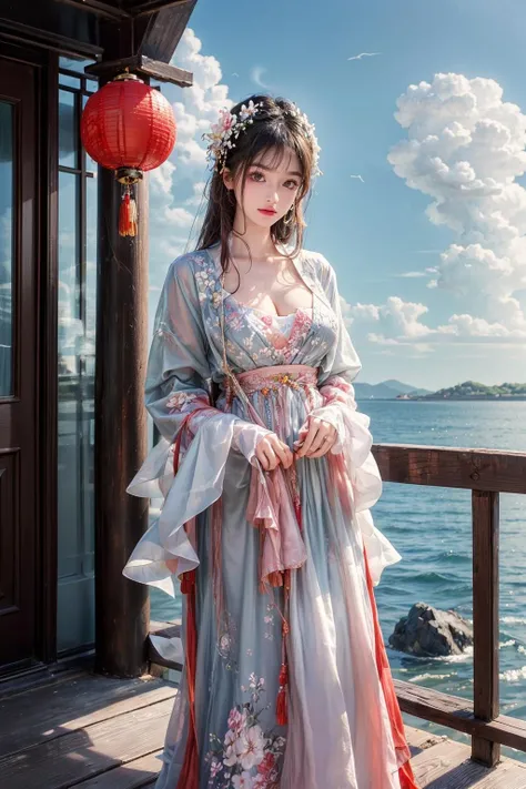 best quality,[masterpiece],((beautiful:0.75) cute girl:0.75),Professional,photo_(medium),ultra-fine painting,1girl,(long hair:1.4),outdoors,(front:1.3),(standing:1.3),seaside,cloudy sky,(cowboy_shot:1.2),
<lora:add_detail:1>, <lora:Han4:0.75> Han4,chinese clothes,flower,hair ornament,red clothes,breasts,cleavage,
