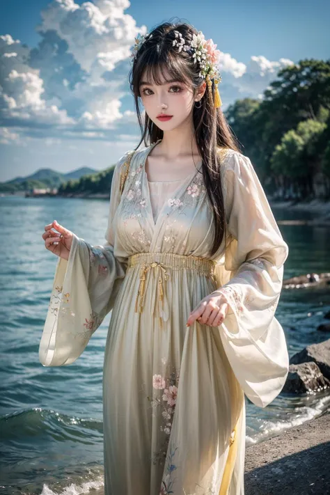 best quality,[masterpiece],((beautiful:0.75) cute girl:0.75),Professional,photo_(medium),ultra-fine painting,1girl,(long hair:1.4),outdoors,(front:1.3),(standing:1.3),seaside,cloudy sky,(cowboy_shot:1.2),
<lora:add_detail:1>, <lora:Han4:0.75> Han4,chinese clothes,flower,hair ornament,yellow clothes