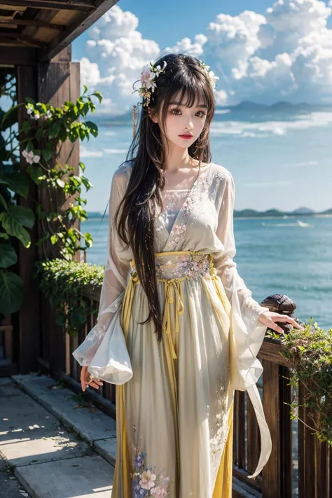 best quality,[masterpiece],((beautiful:0.75) cute girl:0.75),Professional,photo_(medium),ultra-fine painting,1girl,(long hair:1.4),outdoors,(front:1.3),(standing:1.3),seaside,cloudy sky,(cowboy_shot:1.2),
<lora:add_detail:1>, <lora:Han4:0.75> Han4,chinese clothes,flower,hair ornament,yellow clothes