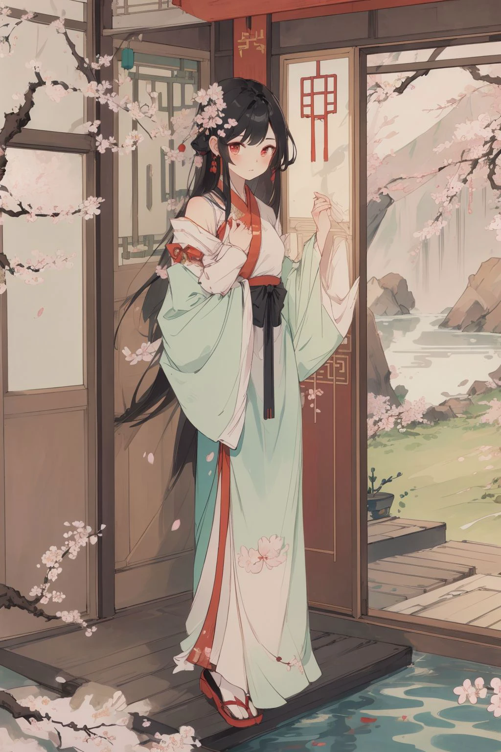 ((1girl)),solo,thin hanfu,(curtain),tiles roof,translucent silk chiffon kimono,light green and white,off shoulders,chinese painting,gongbi style,water_color,(cherry blossoms:1.4),(trees, artificial mountain),koi,wooden windows,doors,bed,stone,trandional architecture,temple,tower,wall,chinese garden,long hair,full body,bangs,(masterpiece, Extremely detailed, best quality, highres:1.2),soft smile, <lora:huyefo2-000008_2:0.4>, <lora:xrs2.0:0.4>, <lora:Guofeng_minimalism_v1:0.4> hanfu, Cheongsam, Chinese style, (masterpiece, best quality, high quality, highres, ultra-detailed),