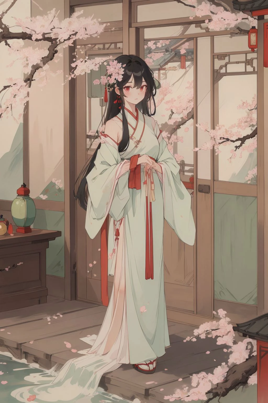 ((1girl)),solo,thin hanfu,(curtain),tiles roof,translucent silk chiffon kimono,light green and white,off shoulders,chinese painting,gongbi style,water_color,(cherry blossoms:1.4),(trees, artificial mountain),koi,wooden windows,doors,bed,stone,trandional architecture,temple,tower,wall,chinese garden,long hair,full body,bangs,(masterpiece, Extremely detailed, best quality, highres:1.2),soft smile, <lora:huyefo2-000008_2:0.4>, <lora:xrs2.0:0.4>, <lora:Guofeng_minimalism_v1:0.4> hanfu, Cheongsam, Chinese style, (masterpiece, best quality, high quality, highres, ultra-detailed),