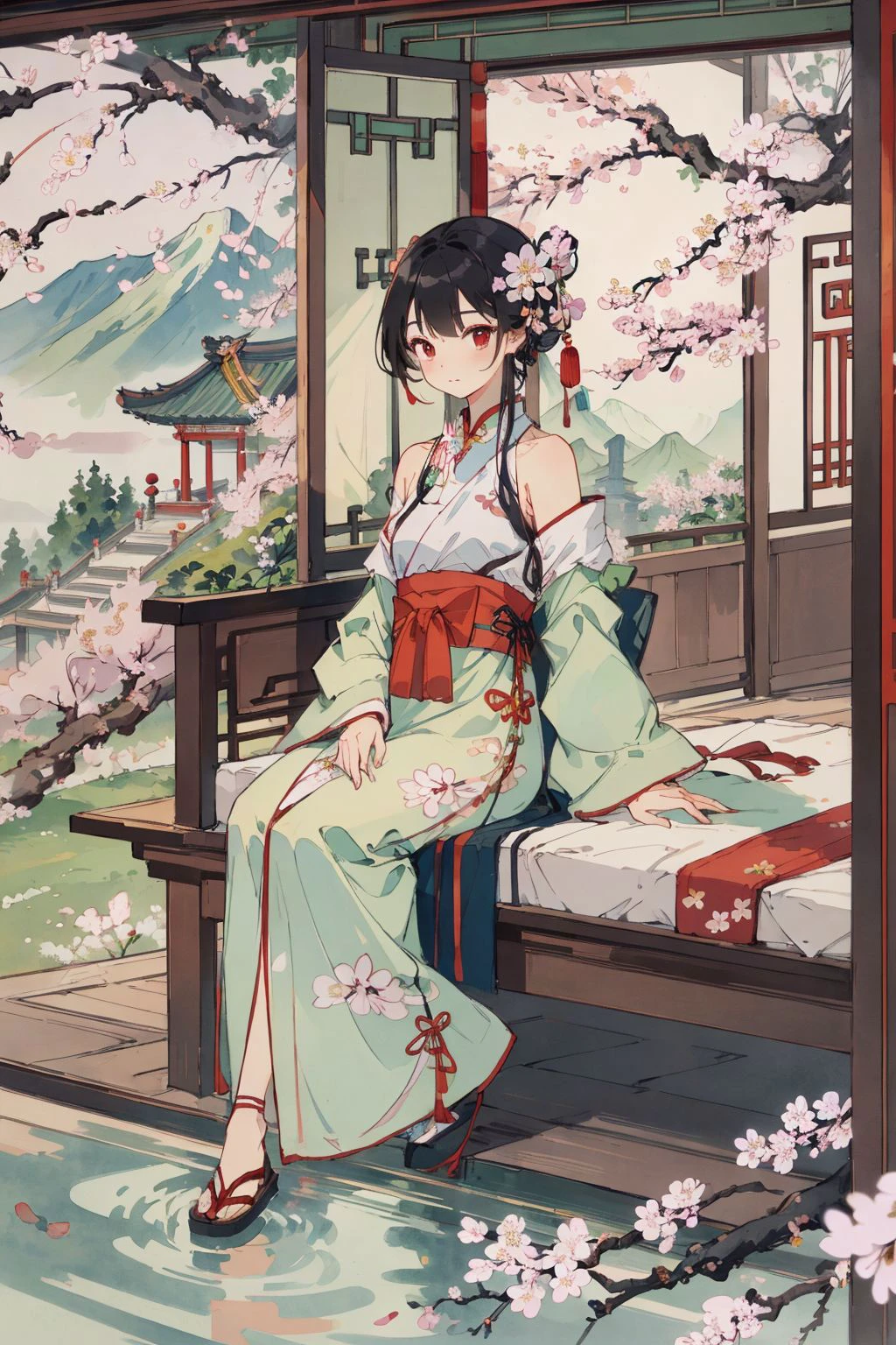 ((1girl)),solo,lying on back on bamboo mat bed in garden,paper fan,thin hanfu,foggy,(curtain),tiles roof,translucent silk chiffon kimono,light green and white,off shoulders,chinese painting,gongbi style,water_color,(cherry blossoms:1.4),(trees, artificial mountain),koi,wooden windows,doors,bed,stone,trandional architecture,temple,tower,wall,chinese garden,long hair,full body,bangs,(masterpiece, Extremely detailed, best quality, highres:1.2),soft smile, <lora:huyefo2-000008_2:0.4>, <lora:xrs2.0:0.4>, <lora:Guofeng_minimalism_v1:0.4> hanfu, Cheongsam, Chinese style, (masterpiece, best quality, high quality, highres, ultra-detailed),